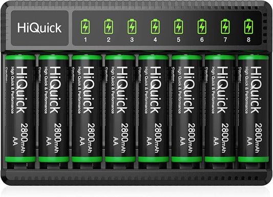 HiQuick Akku Ladegerät 2021 mit 8 AA 2800mAh Akkus, USB-Anschluss, 8-Ladeplätze, LED-Anzeige für NI-MH/NI-CD AA/AAA Batterien