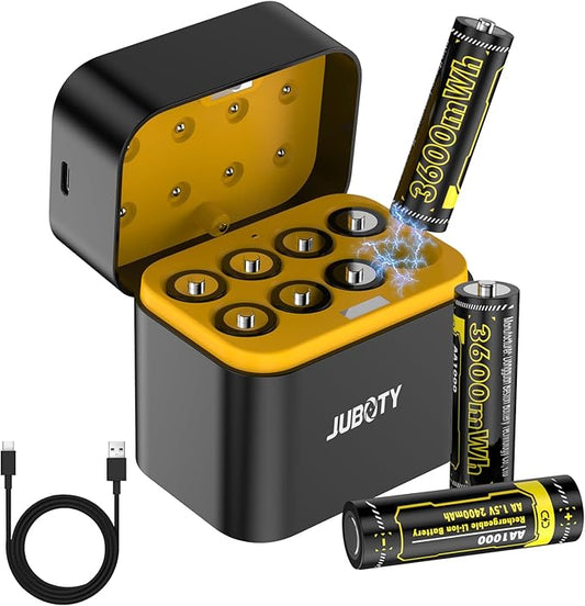 JUBOTY M7036 8x AA Lithium Akku 3600 mWh 1.5V mit Ladebox & Typ-C-Kabel - Schnellladung in 1.5h