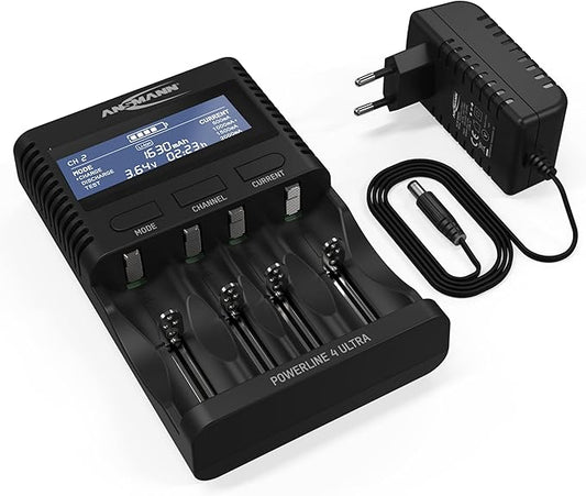 Ansmann Akku Ladegerät Powerline 4 Ultra 1001-0080 für NiMH AAA/AA/C/D & Li-Ion 10340-26650, 4 Ladeprogramme, USB-Powerbank-Ladung, LCD-Disp