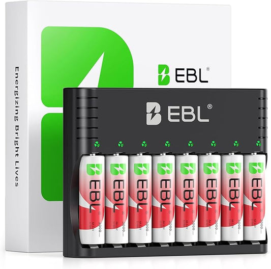 EBL AA Akkus 8er Pack Lithium wiederaufladbar mit Ladegerät C708S3L - 1,5V 3000mWh, 1600 Zyklen, für Ni-MH/Ni-CD AA/AAA