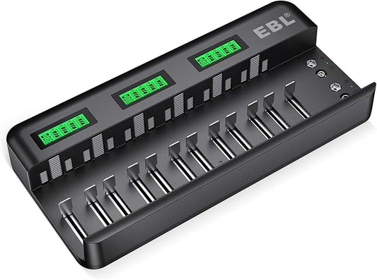 EBL 9036 12+2 Bay Akku Ladegerät für AA/AAA/C/D/9V Ni-MH/Ni-CD/Li-ion mit LCD-Anzeige & automatischer Abschaltung