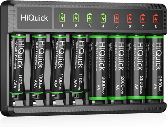 HiQuick Akku Ladegerät mit 4 AA & 4 AAA Akkus, 8-fach Ladegerät mit LED-Anzeige, USB-Anschluss für NI-MH/NI-CD Batterien – 68232212