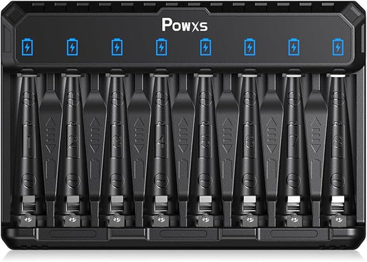 POWXS 8-fach Ladegerät für NiMH/NiCd/Li-Ion AA AAA Akkus mit USB-C, LED-Anzeige & 6-fach Schutz