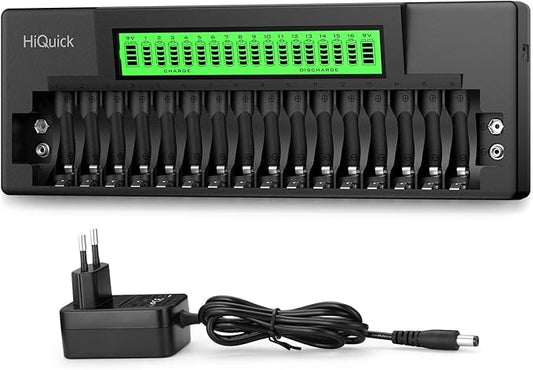 HiQuick Akku Ladegerät 2022 für AA AAA 9V Batterien, 18-Ladeplätze mit LCD-Display, Schnellladung & Sicherheitsschutz