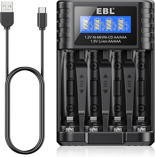 EBL Akku Ladegerät 2023 für AA AAA Ni-MH & Li-Ionen Batterien, Type-C, intelligentes Display, 4 separate Ladeschächte