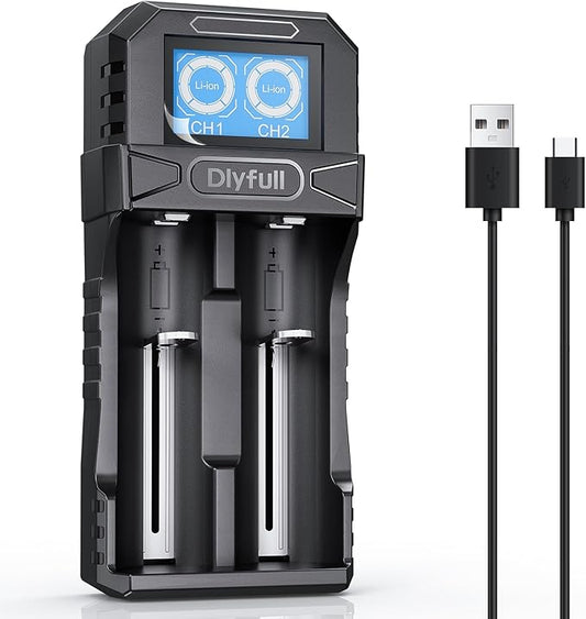 DLYFULL 18650 Ladegerät Universal mit LCD Display für 3,7V Li-Ion Akkus 18650 21700 26650 USB-C