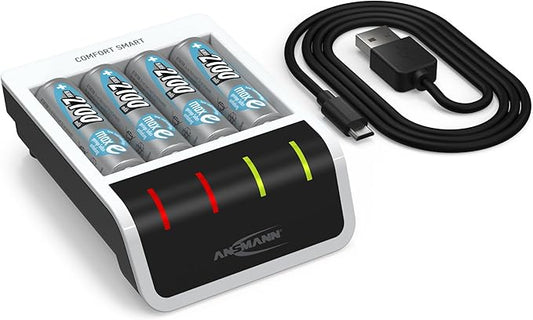 Ansmann Akku Ladegerät Comfort Smart inkl. 4x AA 2100mAh für AAA/AA NiMH/NiCd, intelligentes Laden, USB, Entladefunktion, LED-Anzeige