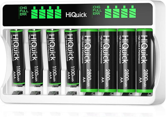 HiQuick C9027 Ladegerät mit LCD Anzeige, 8 Ladeplätze für AA/AAA Akkus, inkl. 4x AA 2800mAh + 4x AAA 1100mAh, Micro-USB & USB-C, Schnellladu