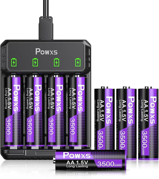 POWXS 8x AA Lithium Akkus 3500mAh mit Ladegerät | Schnellladung für AA/AAA Akkus | Wiederaufladbare Batterien für Kamera, Spielzeug, Fernbed