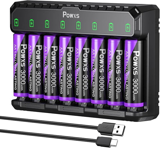 POWXS 8er-Pack AA Lithium-Akkus 3000 mWh mit Schnellladegerät, kompatibel mit AA/AAA, USB-C, für Spielgeräte & Kameras