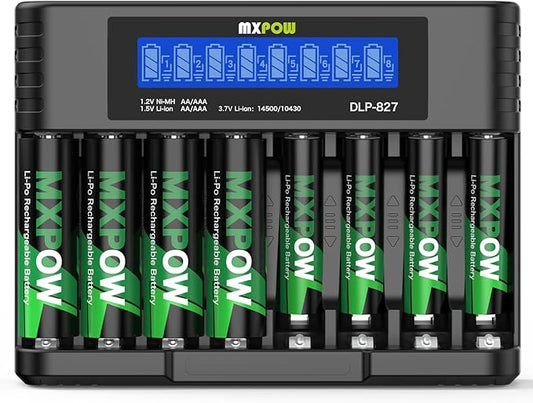 delipow MXPOW Akku Ladegerät Set mit 4x AA & 4x AAA Lithium Batterien 1,5V LCD Display 3400mWh 1200mWh USB-C