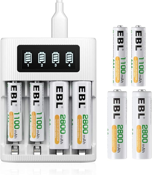 EBL Universal Akkuladegerät FY-409 mit 4 AA & 4 AAA Akkus, HD LCD Display, Micro USB & Type C, Schnellladung – 2020