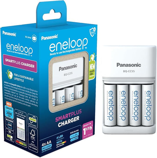 Panasonic eneloop SmartPlus Ladegerät für 1-4 AA/AAA Akkus, 1,5h Ladezeit, 10 Sicherheitsfunktionen, inkl. 4 eneloop AA Akkus – KJ55MCD40E