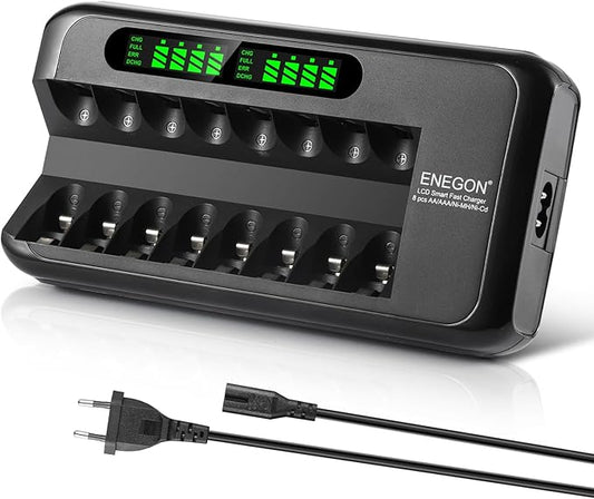 DONGGUAN KING POWER DIGITAL TECHNOLOGY CO.,LTD ENEGON Akkuladegerät mit LCD-Display, 8-fach Ladegerät für AA AAA Batterien, Schnellladung mit AC-Adapter