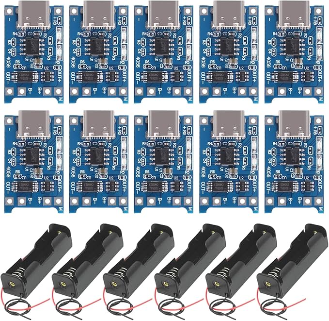 GTIWUNG T712 6x 18650 Batteriehalter + 10x USB-C Lademodul 5V 1A mit Dual-Schutz für Lithium-Akkus