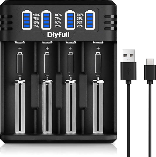 DLYFULL 18650 Ladegerät 4-Fach Universal Akku-Ladegerät mit LED-Anzeige & USB-C für Li-Ion/Ni-MH