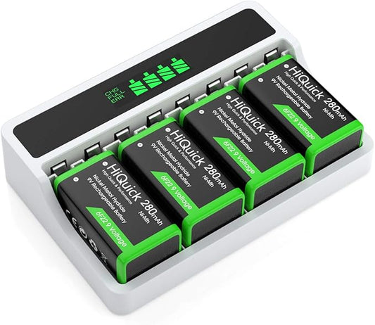 HiQuick 9V Akku Ladegerät 2021 mit LCD Display, 4 Ladeschächte, Micro USB & Type C, Schnellladung in 3h, inkl. 4x 9V 280mAh Ni-MH Akkus