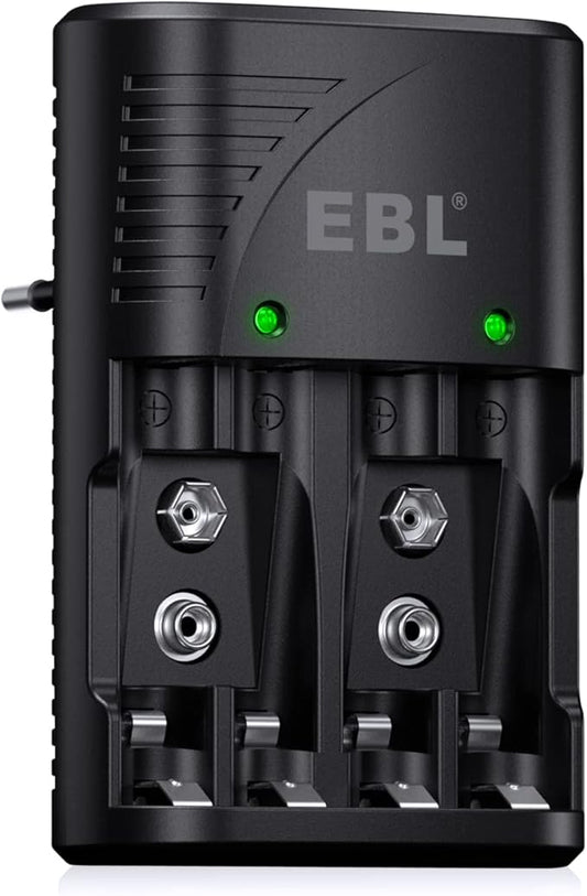 EBL 6802ER Akku Ladegerät für AA AAA 9V NiMH Akkus, 4-fach Schnellladegerät mit LED-Anzeige und Multi-Schutz