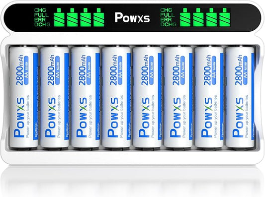 POWXS Batterieladegerät mit LCD-Anzeige, 8 Ladeplätze für AA/AAA Akkus, USB & Typ-C Eingang, 2800mAh
