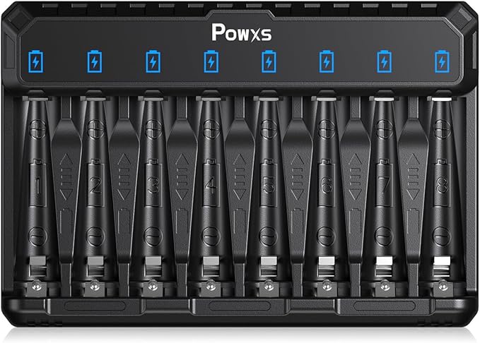 POWXS 8-fach Ladegerät für NiMH/NiCd/Li-Ion AA AAA Akkus mit USB-C, LED-Anzeige & 6-fach Schutz