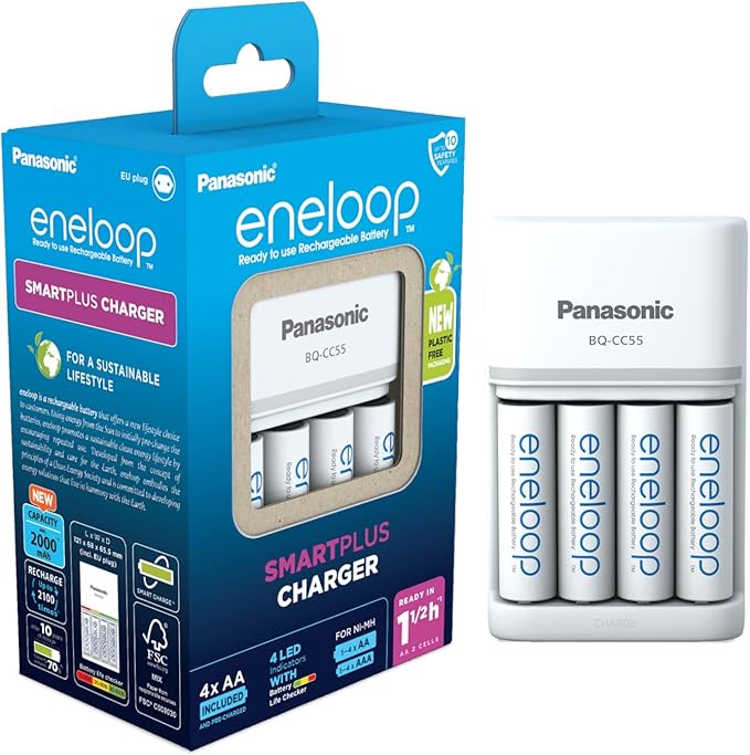 Panasonic eneloop SmartPlus Ladegerät für 1-4 AA/AAA Akkus, 1,5h Ladezeit, 10 Sicherheitsfunktionen, inkl. 4 eneloop AA Akkus – KJ55MCD40E